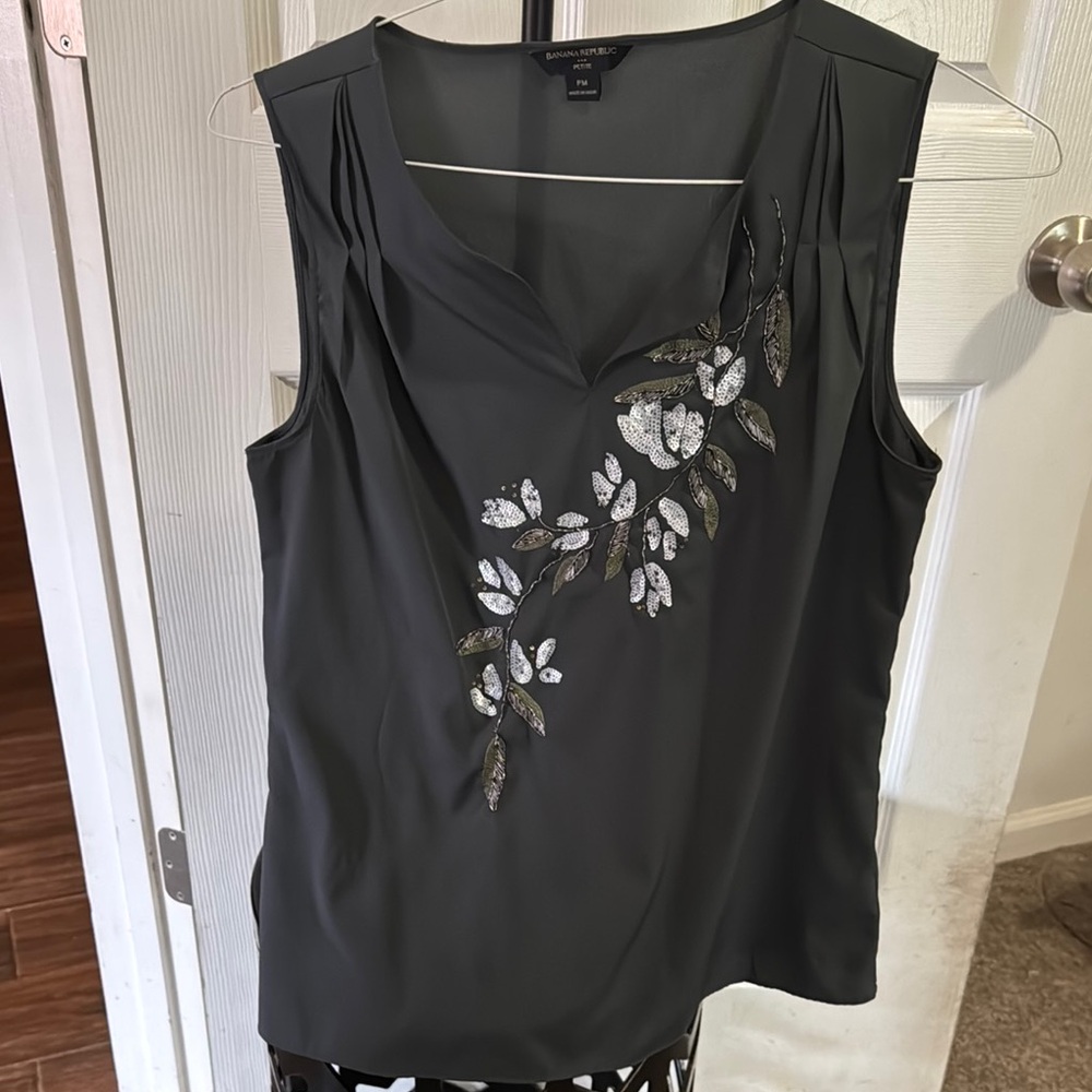 Banana Republic Black Top with Silver Leaf Design